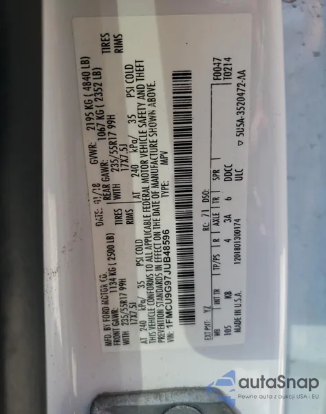 2018 Ford Escape Se from USA, damaged, VIN 1FMCU9G97JUB48596